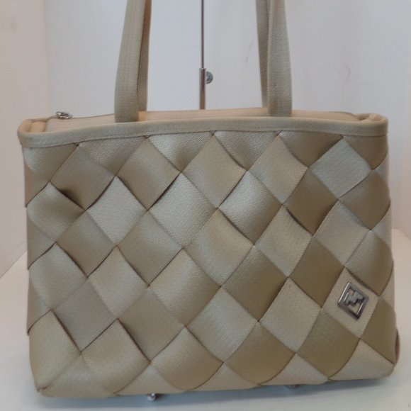 Maggie Bags Handbags - Maggie Bags Tan Colored Recycled Seatbelt Handbag in Criss Cross Pattern